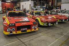 An Abarth 3500 Prototipo Pininfarina of 1974 and two 1973 Fiat Abarth X1/9 1800 Prototipo in the main hall of the Abarth Works Museum in Lier, Belgium.