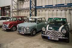 Three Mini Coopers of various ages in the Abarth Works Museum, Lier, Belgium.