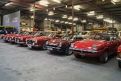 Four Fiat Abarth 2300 S Coupe of 1963, a Pininfarina Abarth Spidereuropa of 1982 and a Fiat 125 Samantha (Vignale), in the main hall of the Abarth Works Museum in Lier.