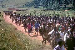 Lozitha, Eswatini, 1970 - Young men marching from Lozitha Royal residence, to fetch “lusekwane” in the iNcwala ceremony.