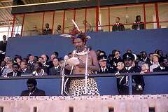 Lobamba, Eswatini, 1970  - Speech by the “iNgwenyama” King Sobhuza II in full traditional dress, during the Swaziland Independence Celebrations.