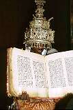 Zege, Ethiopia, 1973 - A priest displays the bible, written in Ge'ez, at Ura Kidhane Mihret monastery.