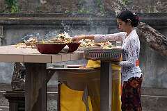 Ubud, Bali, Indonesia, 2019 - Bringing offerings in Pura Taman Pule Mas, a family temple, for the Galungan Ceremony.