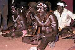 Lajamanu, NT, Australia, 1976 - Warlpiri men singing during a traditional “Jardiwanpa” ceremony.