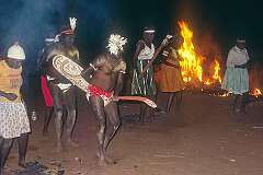 Lajamanu, NT, Australia, 1976 - Dance with “karli”(boomerang) and “kurdiji”, (wooden shield) painted with wallaby dreaming design, in a “Jardiwanpa” ceremony.