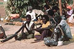 Manyallaluk, NT, Australia, 1982 - Singing and playing the “didgeridoo” (didjeridu, yidaki), at a ceremonial dance in Eva Valley community.