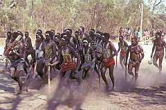 Numbulwar, NT, Australia, 1996 - Ritually decorated men of the Yirritja moiety from Gapuwiyak (Lake Evella, Arnhem Land) in the “Mardayin” ceremony in Numbulwar.