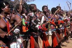 Lobamba, Eswatini, 1974 - Swazi girls dance the “uMhlanga” or Reed Dance in front of the King and the Nation, the climax of the ceremony in the Royal capital.