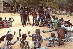 Numbulwar, NT, Australia, 1997 - Participants during the rituals of the “Djapi” initiation ceremony flap their arms and imitate the cries of the “brolga”, a large water bird.