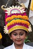 Ubud, Bali, Indonesia, 2019 - A girl at Kuningan ceremonies, Pura Taman Pule Mas temple.