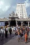 The white “gopuram”, temple tower of the Ramanathaswamy temple, dating from the 12th century in the holy city of Rameswaram. The temple in its current form is believed to have been built during the 17th century.