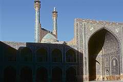 The portal and minarets of the Masjed-e-Shah, one of the most beautiful decorated mosques in the city of Isfahan.