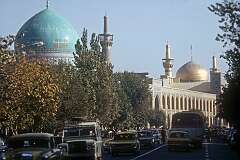 View to the Goharshad (Gawhar Shad) Mosque and the shrine of Imam Reza from Tehran Avenue, Mashhad.