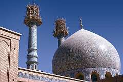 The dome and minarets (being restored) of the shrine of Hazrat Fatima Masuma-e-Qum in Qom.