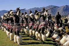 Lobamba, Eswatini, 1970 - A “sibhaca” warrior dance in the Swaziland Independence celebrations.