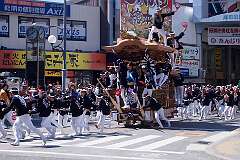 Kishiwada, Japan, 2014 - Large shrine-shaped wooden carts (danjiri guruma) at the Danjiri Matsuri festival near Osaka.