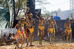 Barunga, Northern Territory, Australia, 2018 - Aboriginal dance group from Wadeye (Port Keats) at the Barunga Festival.