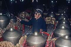 Yogyakarta, Java, Indonesia, 1990 - Gamelan playing in the Kraton, the Sultan’s palace.