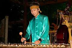 Bandung, Java, Indonesia, 2009 - Xylophone player at Saung Angklung of Pak Djo in Cicaheun.