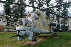 A  Mil Mi-24 (NATO reporting name: Hind), a large helicopter gunship, attack helicopter.