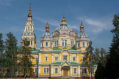 Almaty, Kazakstan, 2011 - The wooden Russian Orthodox Zenkov Cathedral, designed in 1904, one of the few remaining buildings from the tsarist era; in Panfilov Park.