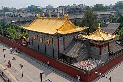 Xi'an, Shaanxi, China, 2023 - The Golden Roof Worship Hall of the Tibetan Guang Ren Lama Temple, along the Xi'an City Wall.