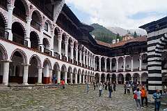 Rila, Bulgaria, 2015 - Courtyard of the Monastery of Saint Ivan of Rila, Bulgaria's largest and most famous Eastern Orthodox monastery.