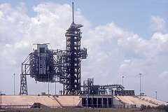The launch tower at Launch Complex 39, the rocket launch site at the John F. Kennedy Space Center, Cape Canaveral.