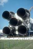 The first stage of the Saturn V, developed for the Apollo program to go to the Moon; at Kennedy Space Center Visitor Complex, Cape Canaveral.