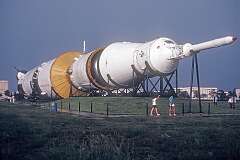 The Saturn V, the three-stage super heavy-lift launch vehicle of the Apollo program; at the Lyndon B. Johnson Space Center, Houston, Texas.