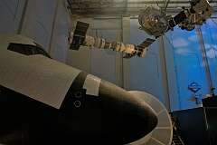 Models of Apollo-Soyuz, the joint American-Soviet space venture with in the foreground the Space shuttle; in the Powerhouse Museum in Sydney, Australia.