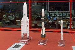 Models of Ariane 5, Soyuz and Vega rockets at the Launch Control Centre at the Centre Spatial Guyanais, Kourou.