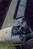 The rocket assembly of Space Shuttle Atlantis, the fourth operational and the second-to-last Space Shuttle built in 1985.