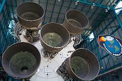 The first stage of Saturn V, the three-stage super heavy-lift launch vehicle, developed to support the Apollo program for human exploration of the Moon.