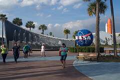 The entrance to the Kennedy Space Center Visitor Complex at Cape Canaveral, Florida, the site of American space missions.