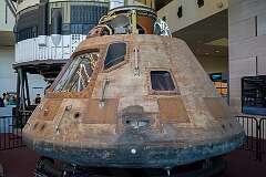 The Apollo 11 Command Module, "Columbia", the living quarters for the three-person crew during most of the first manned lunar landing mission in July 1969.