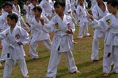 Jakarta, Indonesia, 2009 - Children practice martial arts on Lapangan Merdeka, city centre.