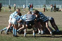 Sydney, NSW, Australia, 1975 - Boys in a “scrum” during a rugby match in St. Ives.