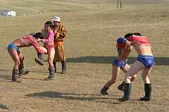 Ulaanbaatar, Mongolia, 2011 - Bouts of “Bökh”, traditional Mongolian wrestling, at the “mini-Naadam Festival”, Gorkhi-Terelj National Park.