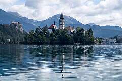 Bled, Slovenia - Bled Island, with in the background the 11th-century Bled Castle.