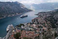 Kotor, Montenegro - The Bay of Kotor with cruise ships, from the Castle of San Giovanni at a height of 280 metres.