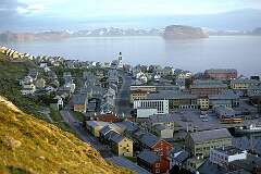 Hammerfest, Troms og Finnmark, Norway - View over the town of Hammerfest at midnight in midsummer.