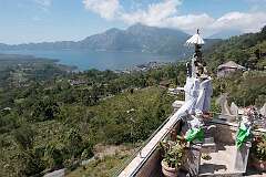 Kintamani, Bali, Indonesia - View to Lake Batur, with the village of Kedisan and Mount Abang, on Bali island.