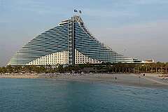 Jumeirah, Dubai, United Arab Emirates - Jumeirah Hotel from the artificial island on which the Burj al Arab, Dubai's 7-star hotel, is built.