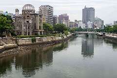 Hiroshima, Honshu, Japan - The Atomic Bomb Dome, seen from the Aioi-bashi bridge across the Motoyasu-gawa river.